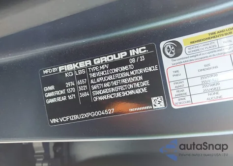 2023 Fisker Ocean One z USA, uszkodzony, nr VIN VCF1ZBU2XPG004527